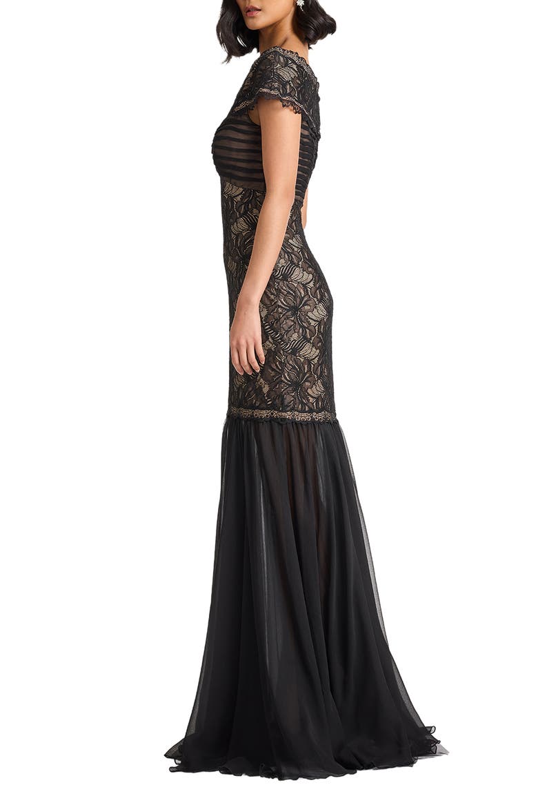 Off the Shoulder Mixed Media Lace Gown, Alternate, color, BLACK/ NUDE