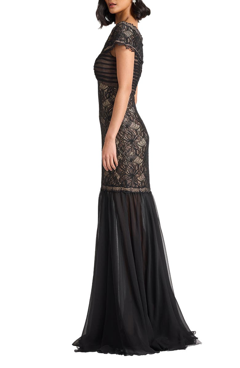 Tadashi Shoji Off the Shoulder Mixed Media Lace Gown, Alternate, color, Black/ Nude