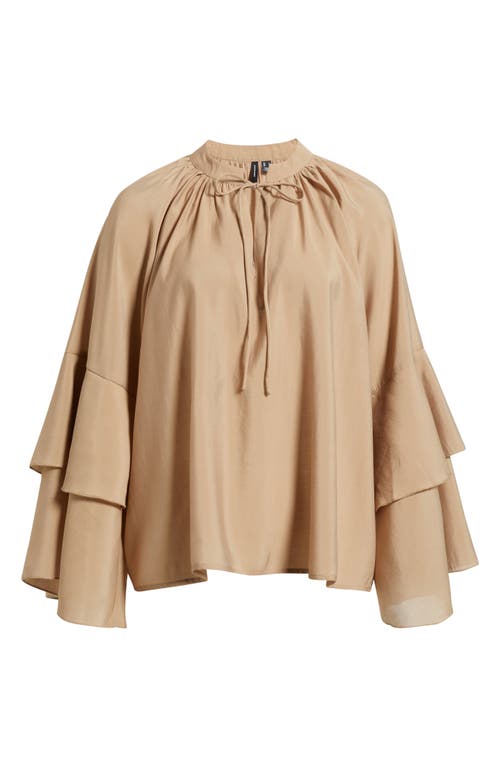 Vero Moda Frill Sleeve Tie Neck Top In Brown