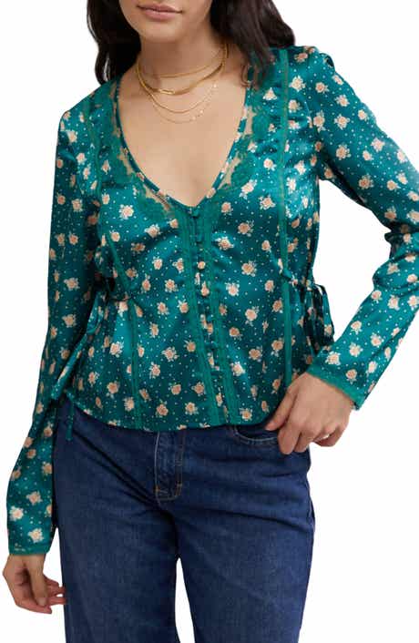 Free People Field of Roses Satin & Lace Top