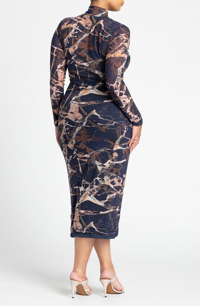 ELOQUII Print Long Sleeve Mesh Midi Dress, Alternate, color, 