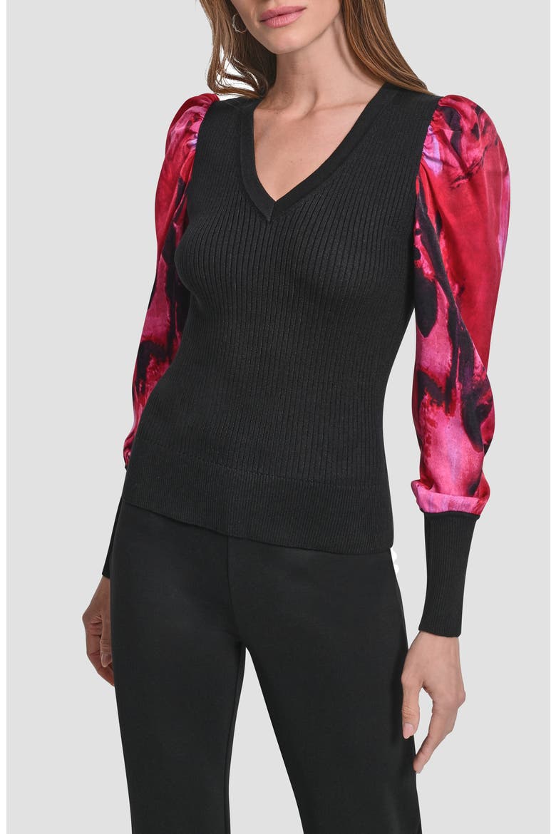 Mixed Media Long Sleeve Sweater, Main, color, BLACK/ NEON NIGHTS