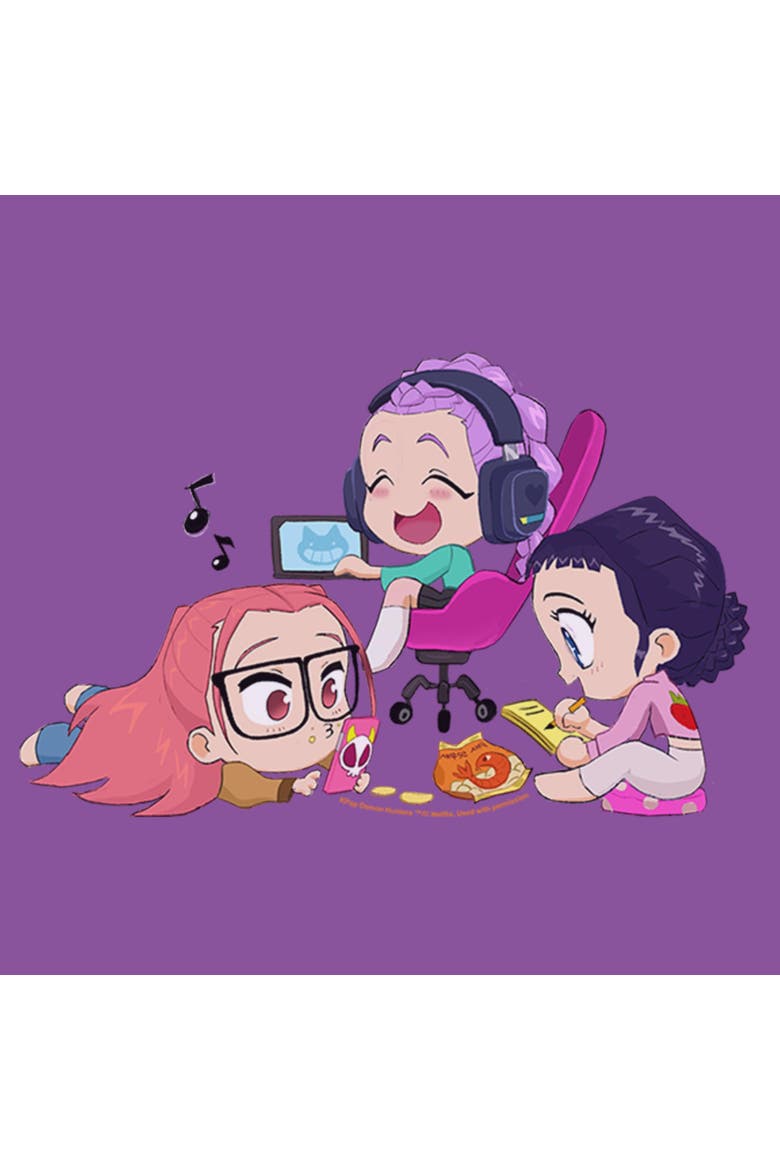 Girls' Chibi Girls' Playing T-Shirt, Alternate, color, Purple Berry