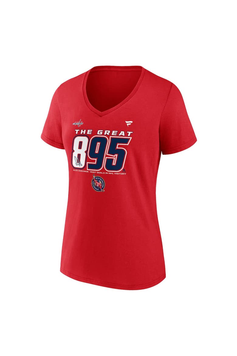 Women's Fanatics Alexander Ovechkin Athletic Red Washington Capitals NHL All-Time Leading Goal Scorer The Great 895 V-Neck T-Shirt, Alternate, color, Athletic Red