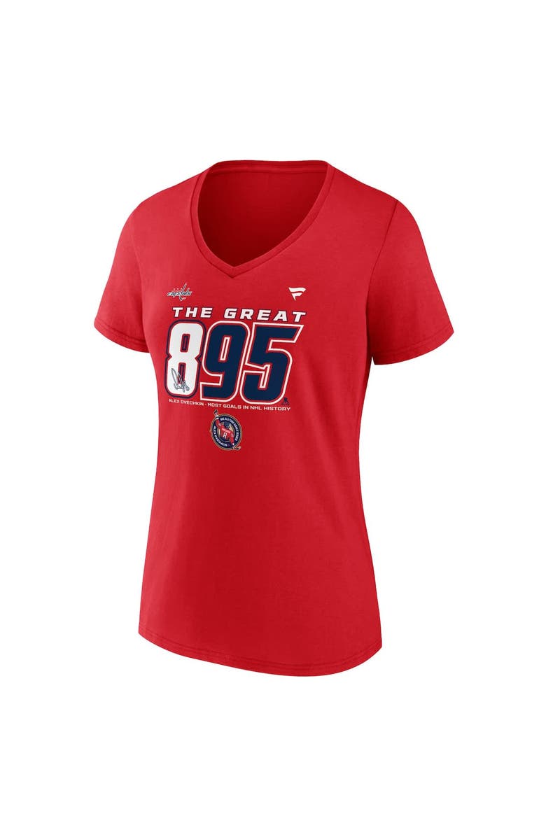 FANATICS Women's Fanatics Alexander Ovechkin Athletic Red Washington Capitals NHL All-Time Leading Goal Scorer The Great 895 V-Neck T-Shirt, Alternate, color, Athletic Red