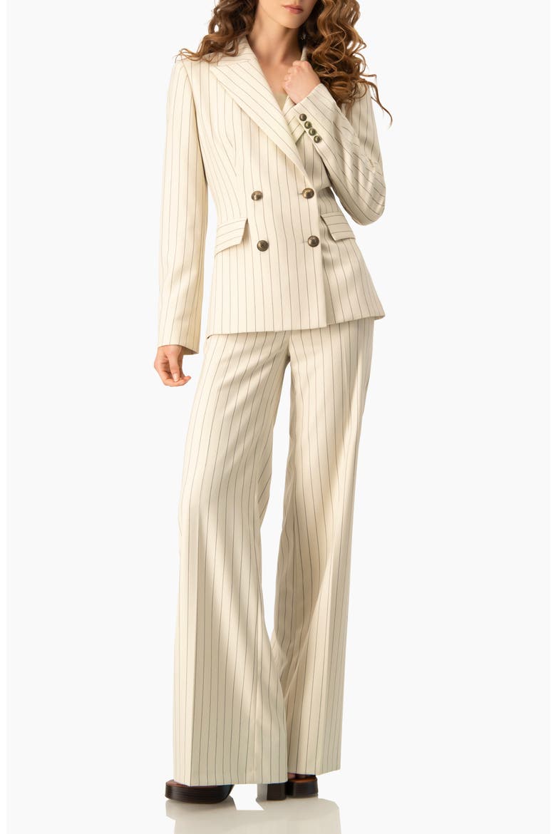 Pinstripe Wide-Leg, High-Waist Tailored Pants, Alternate, color, Beige