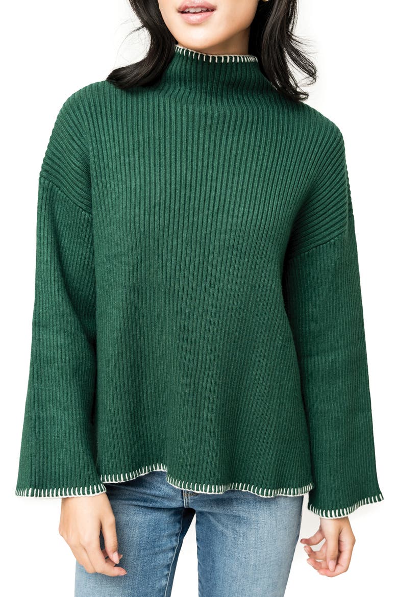 Whipstitch Trim Rib Sweater, Main, color, GREEN FOREST IVORY