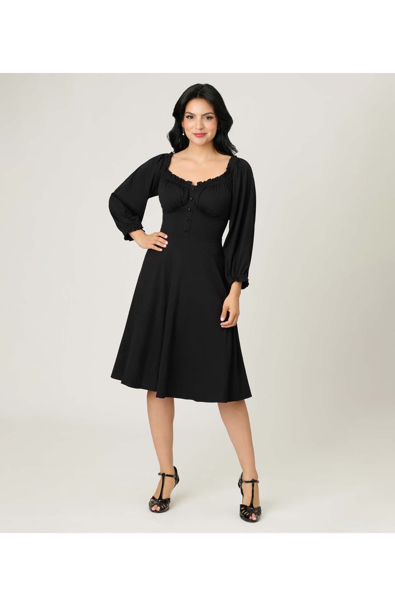 Unique Vintage Peasant Sleeve Swing Dress, Main, color, Black Ruffle