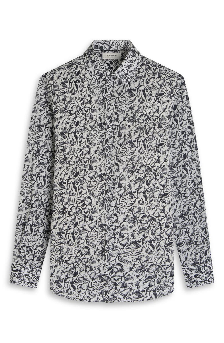 Bugatchi Julian Shaped Fit Floral Print Stretch Cotton Button-Up Shirt, Alternate, color, Black