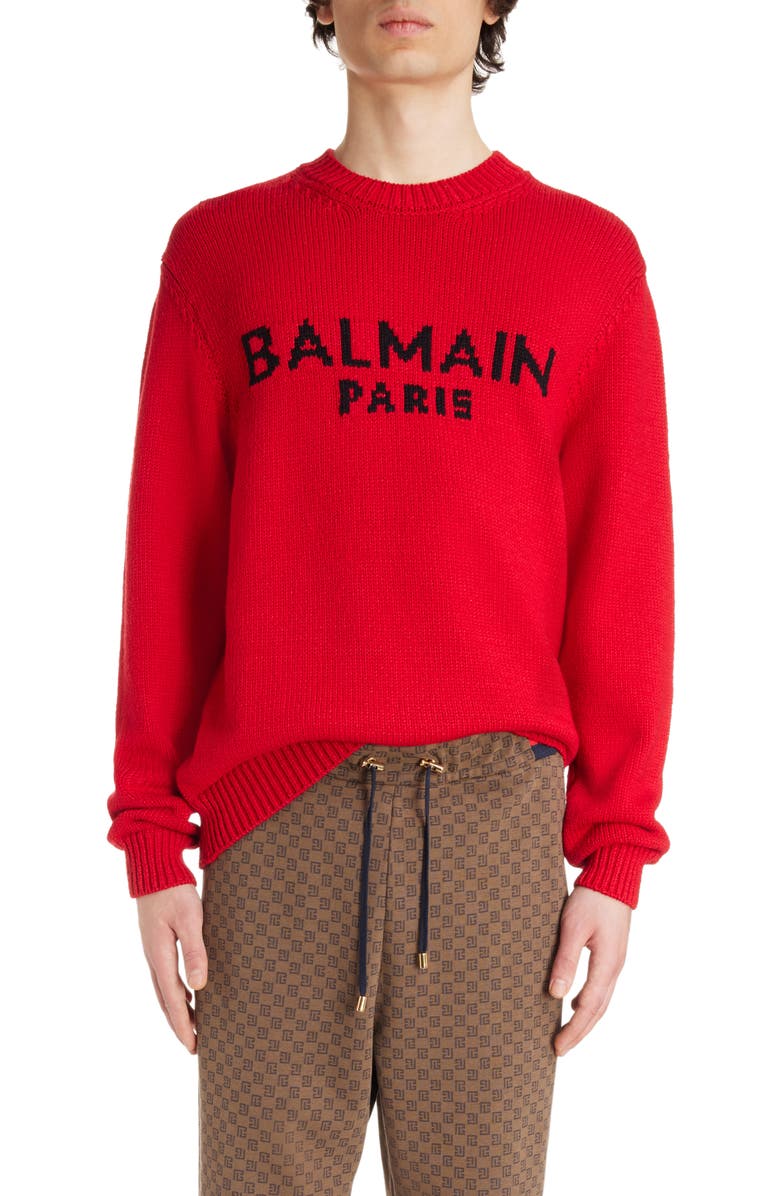 Balmain Logo Intarsia Wool Blend Sweater, Main, color,