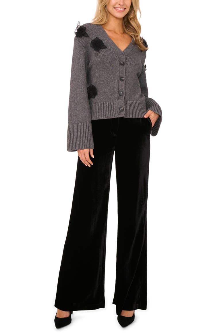 Mesh Floral Appliqué Cardigan, Alternate, color, MEDIUM HEATHER GREY