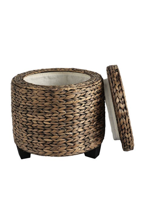Addie 17.72" Modern Coastal Handwoven Water Hyacinth Storage Ottoman with Lid