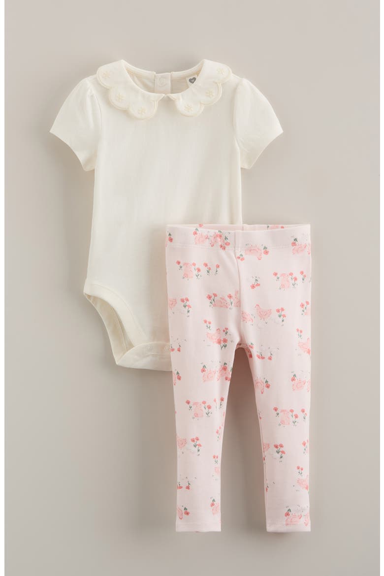 Ruffle Embroidered Collar Bodysuit & Leggings, Main, color, PINK FARM FRIENDS- IVORY