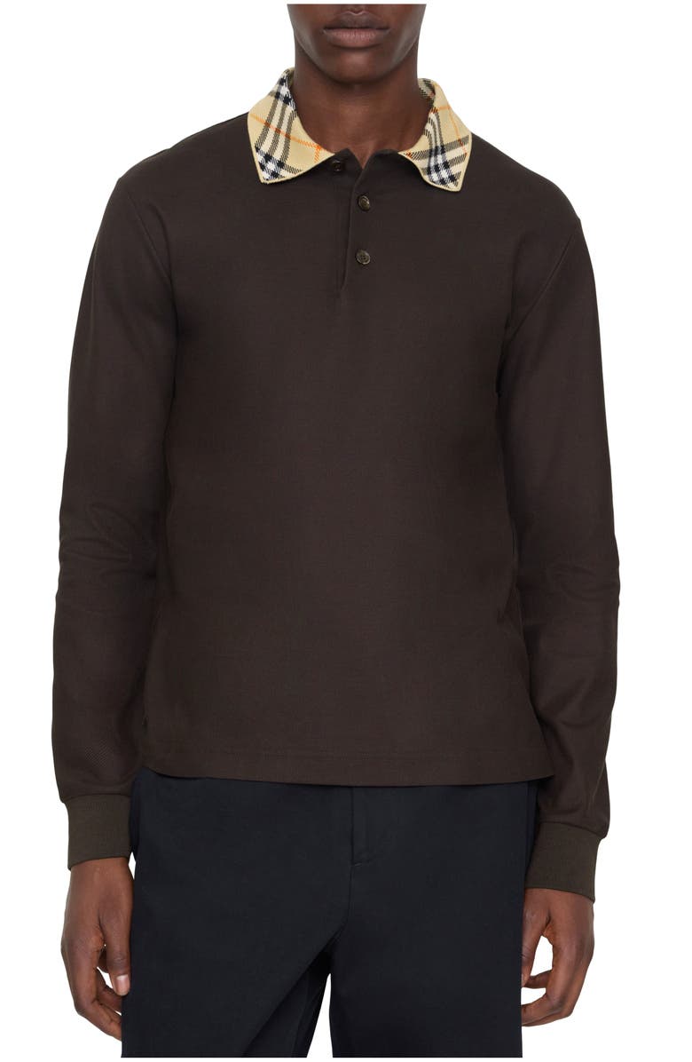 Burberry Long-sleeve Check Collar Cotton Polo Shirt, Main, color, Clove Brown