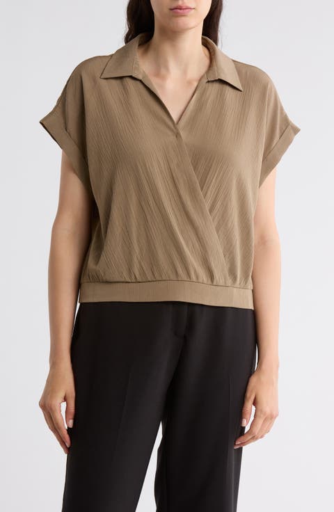 Short Sleeve Faux Wrap Textured Satin Top