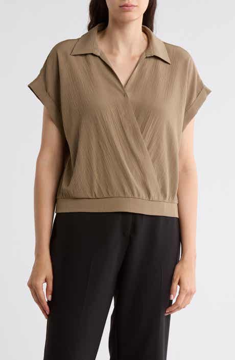 Pleione Short Sleeve Faux Wrap Textured Satin Top