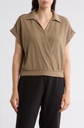 Pleione Short Sleeve Faux Wrap Textured Satin Top