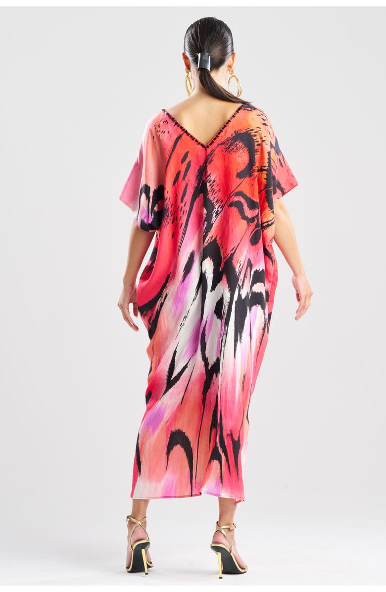 Natori Butterfly Linen Blend Caftan w/ Beading, Alternate, color, Red
