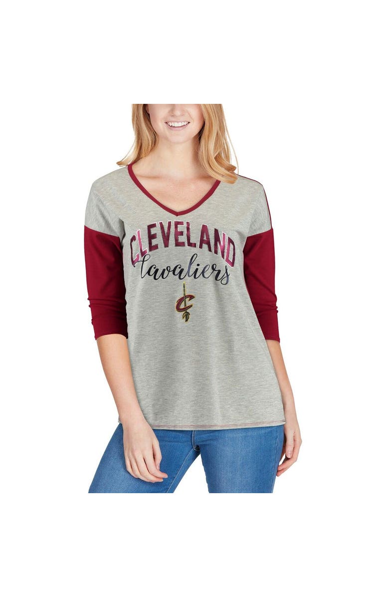 GAMEDAY COUTURE Women's Heathered Gray Cleveland Cavaliers Meet Your Match Colorblock 3/4-Sleeve Tri-Blend V-Neck T-Shirt, Alternate, color, 
