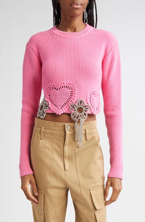 Crystal Flower & Crochet Heart Appliqué Crop Rib Sweater