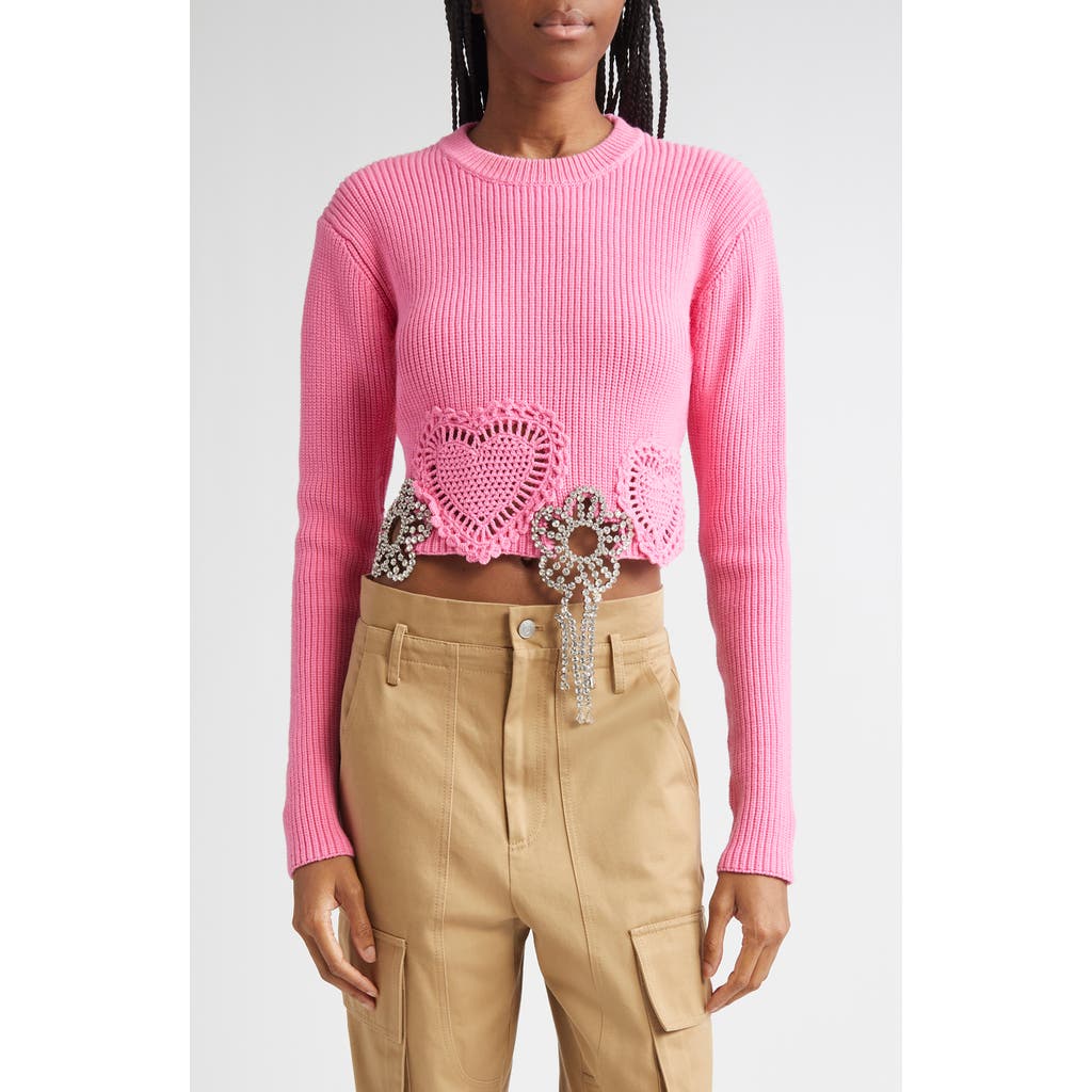 Area Crystal Crochet Crop Sweater In Pink