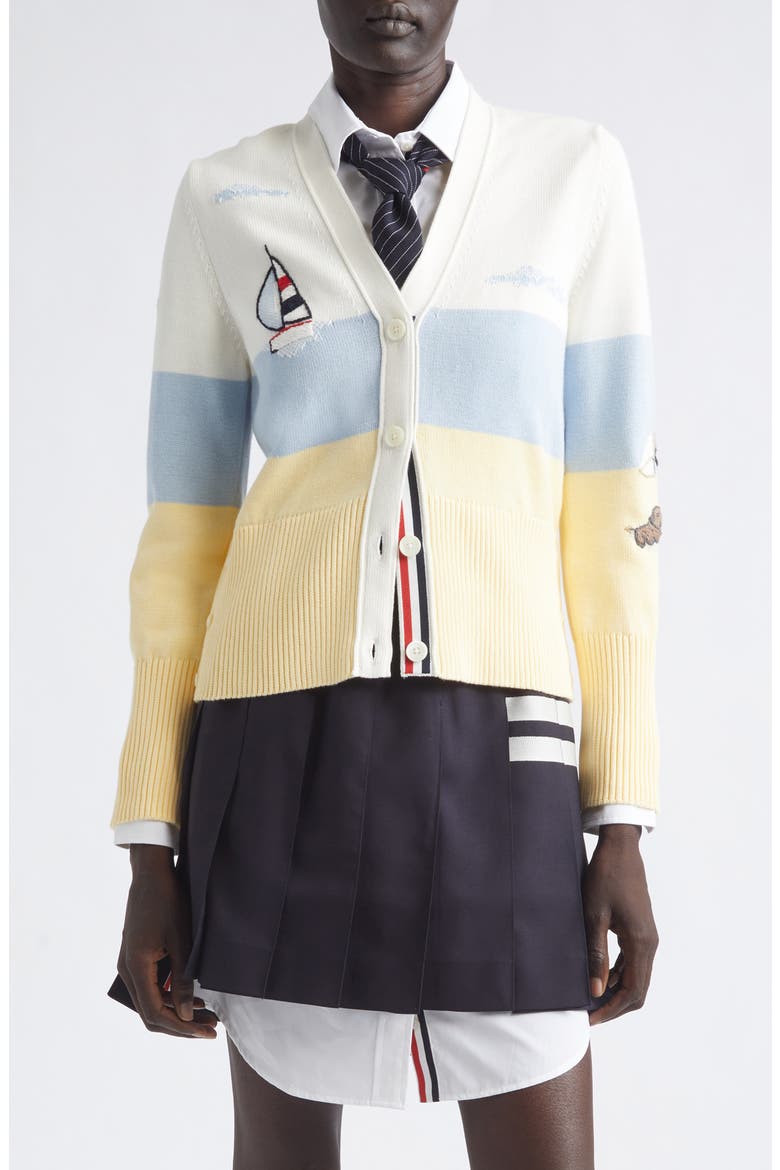 Nantucket Sailboat Embroidered Cotton Cardigan, Main, color, WHITE