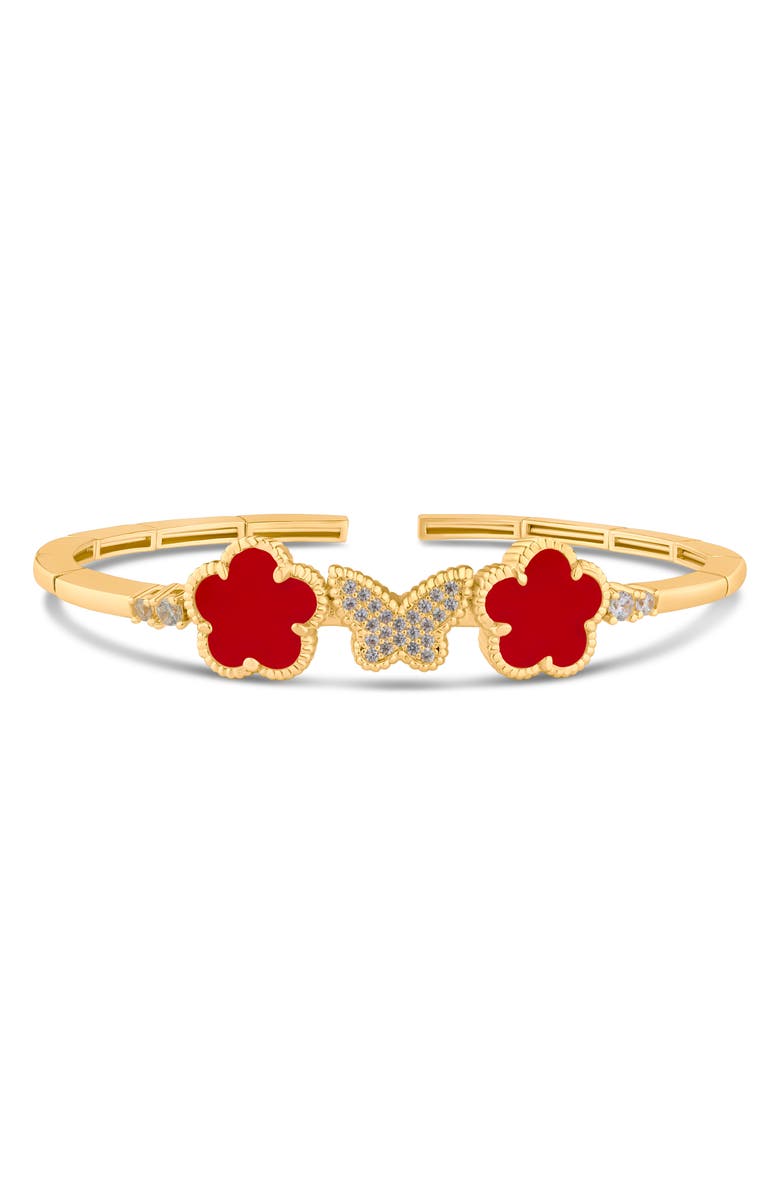 CZ by Kenneth Jay Lane Pavé Cubic Zirconia Butterfly & Red Clover Flexible Cuff Bracelet, Main, color, Red/ Clear Gold