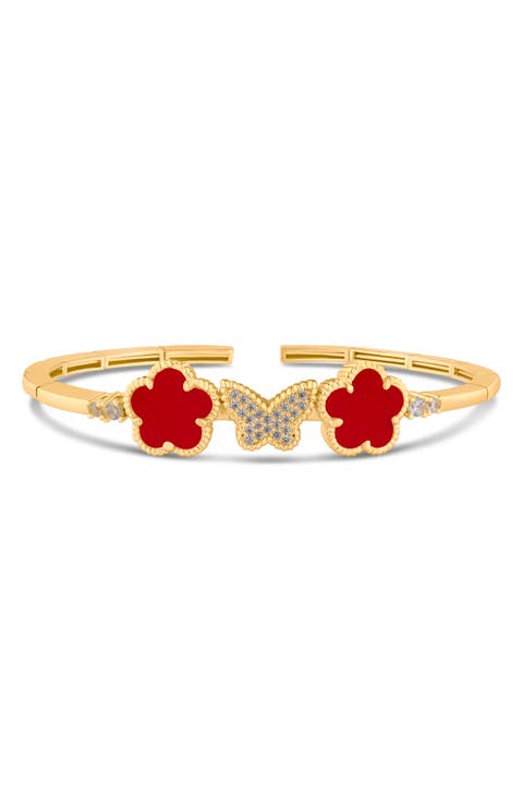 Pavé Cubic Zirconia Butterfly & Red Clover Flexible Cuff Bracelet