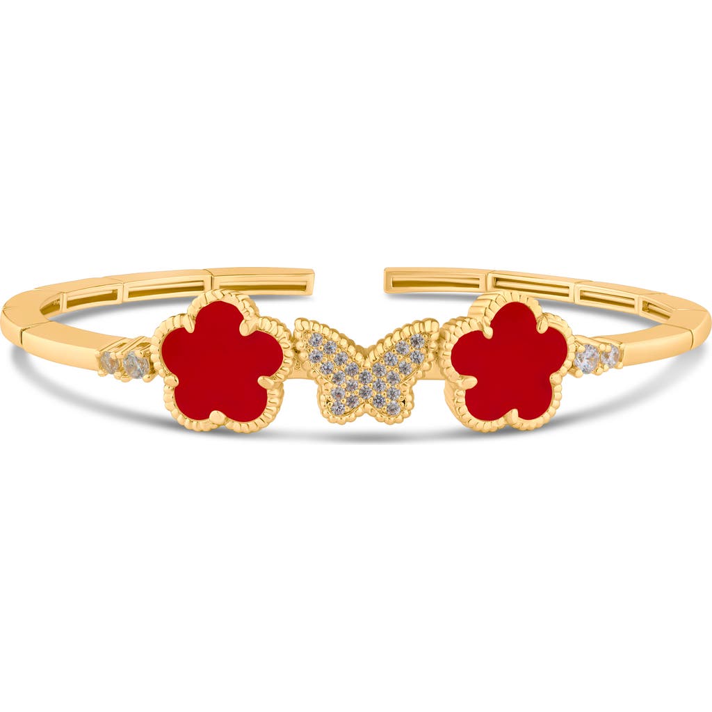 Cz By Kenneth Jay Lane Pavé Cubic Zirconia Butterfly & Red Clover Flexible Cuff Bracelet In Red/clear Gold