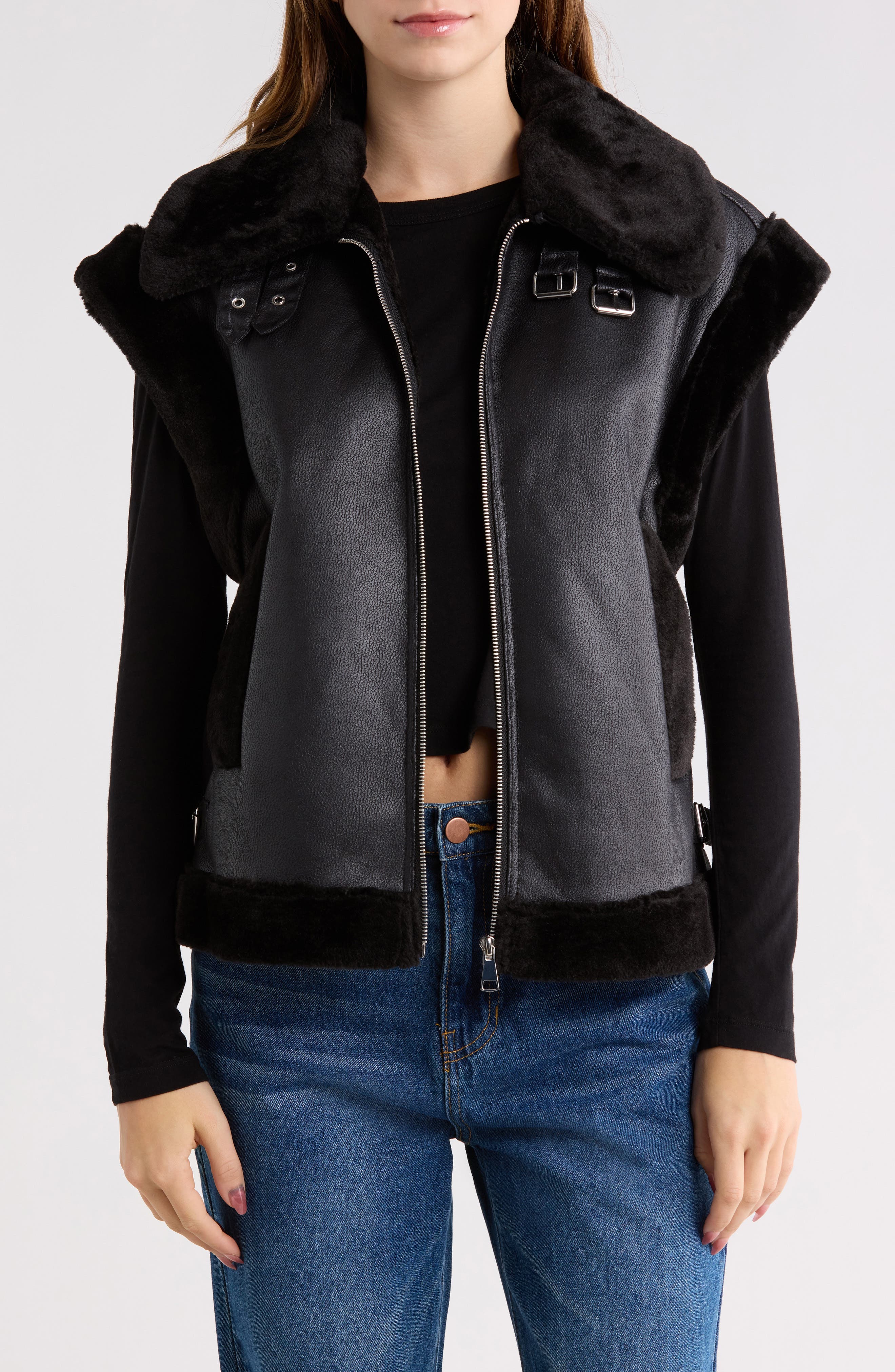 Vigoss Faux Fur Trim Faux Leather Moto Vest