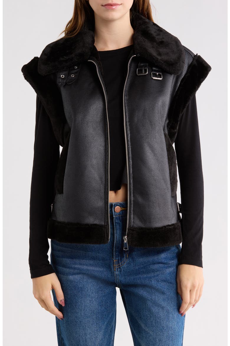 Faux Fur Trim Faux Leather Moto Vest, Main, color, BLACK
