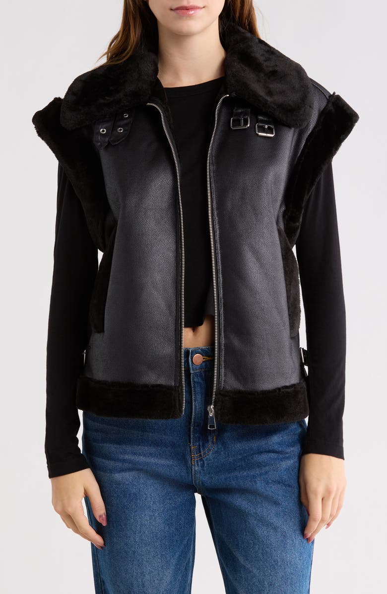 Vigoss Faux Fur Trim Faux Leather Moto Vest, Main, color, Black