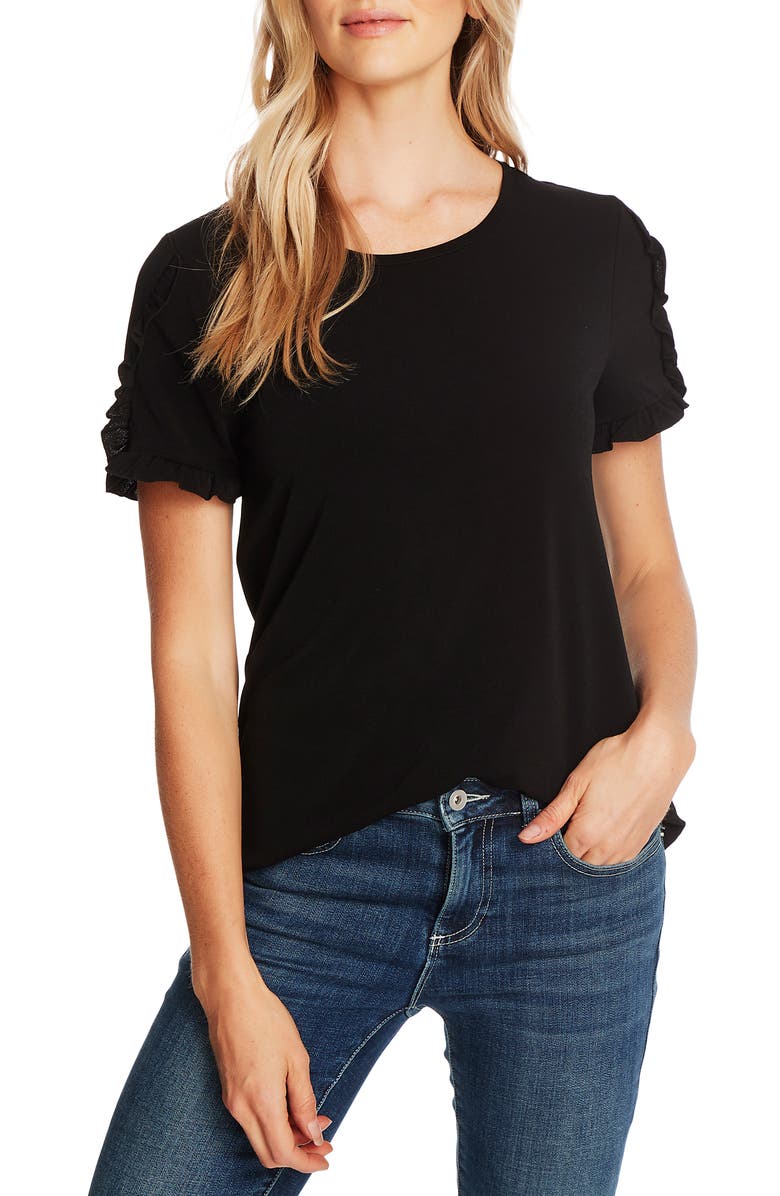 CeCe Ruffle Trim Crepe Top, Main, color,