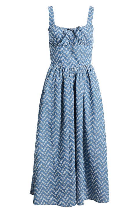 Embroidered Cotton Blend Denim Midi Dress