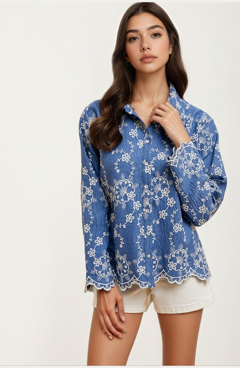 Knit and Lounge Floral Embroidered Denim Long Sleeve Blouse, Alternate, color, 