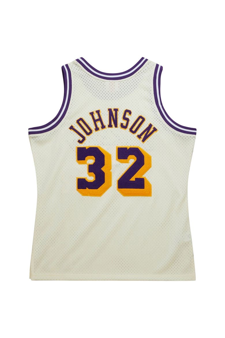 Men's Mitchell & Ness Magic Johnson Cream Los Angeles Lakers Chainstitch Swingman Jersey, Alternate, color, Cream