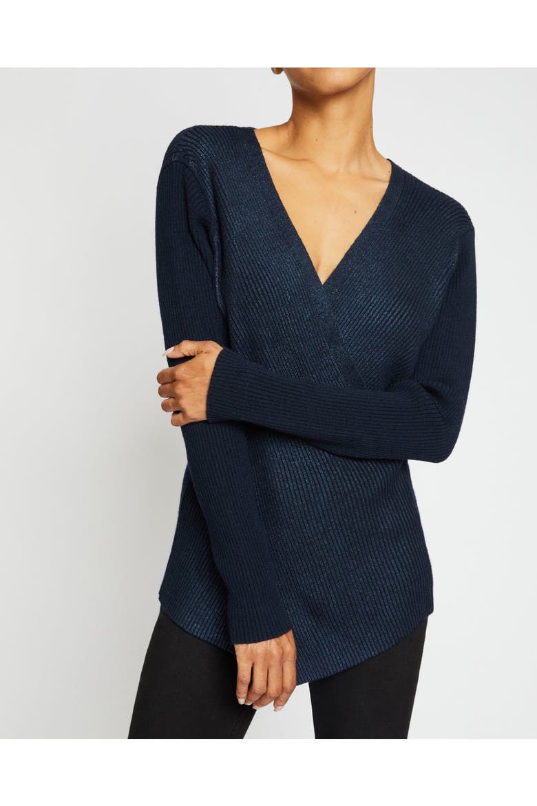 STACY Crossover V-Neck Sweater in Coated Wool Blend, Main, color, SPACE BLUE