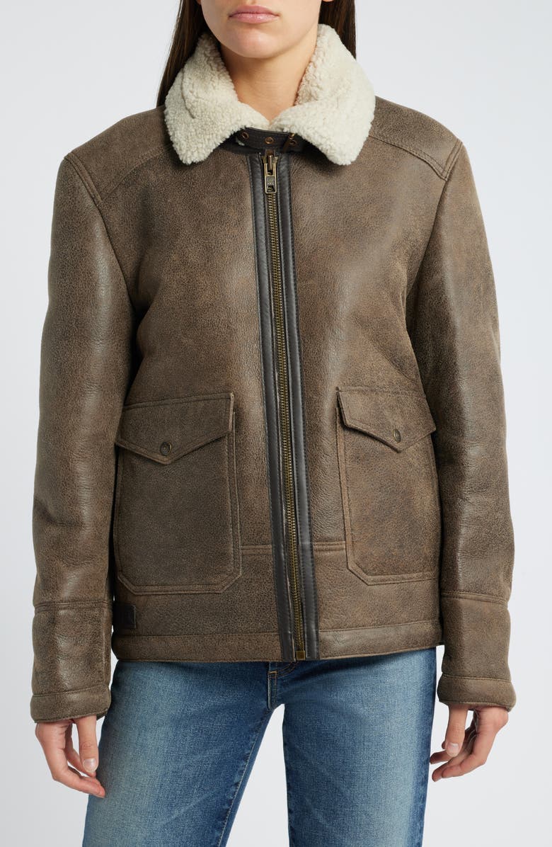 Schott NYC Genuine Shearling Lined Bomber Jacket, Main, color, Brown