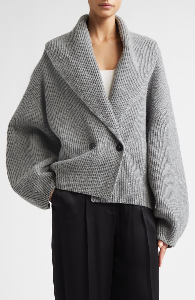 TOTEME Shawl Collar Wool Rib Cardigan, Main, color, Mid Grey Melange