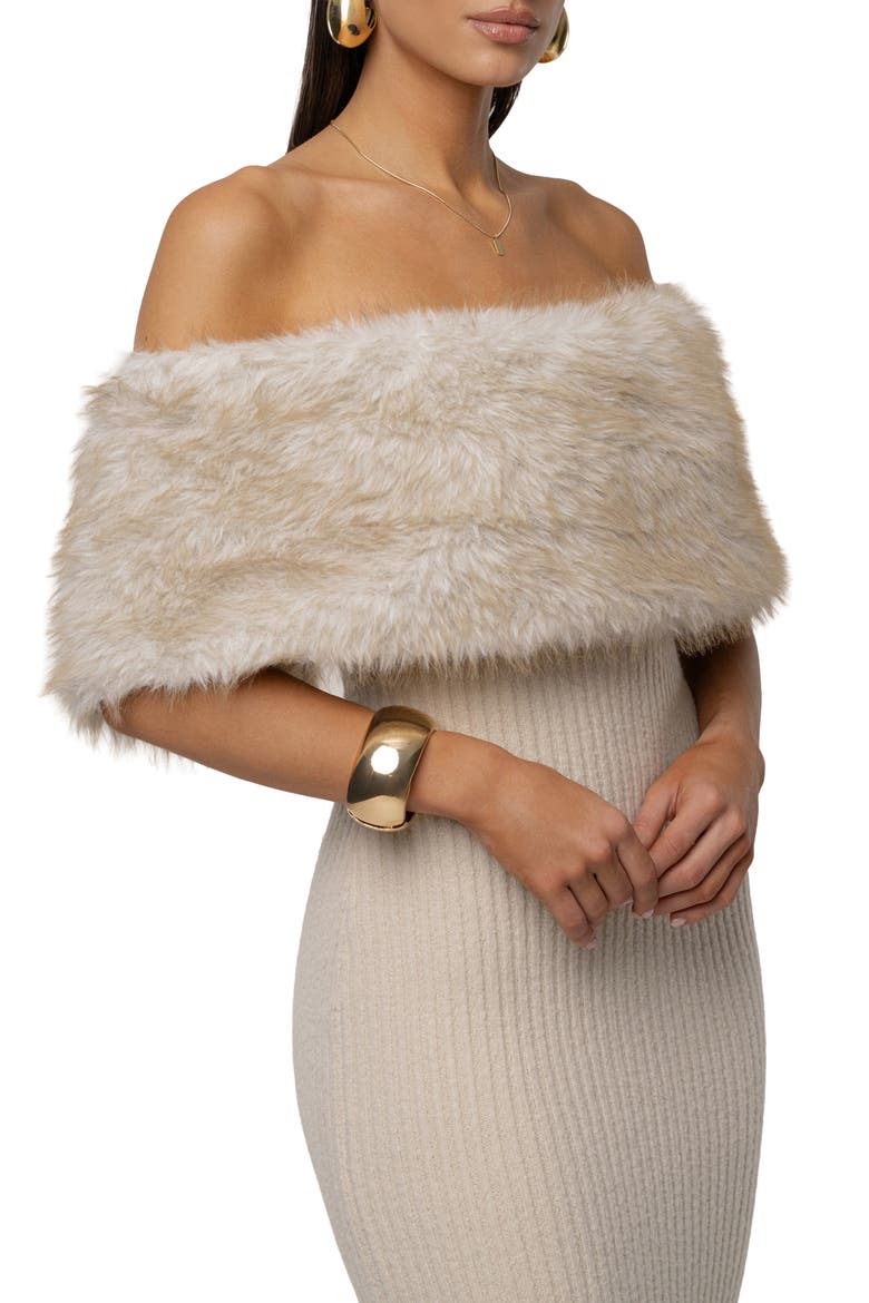 Hour Faux Fur Detail Off-the-Shoulder Rib Knit Dress, Alternate, color, BEIGE