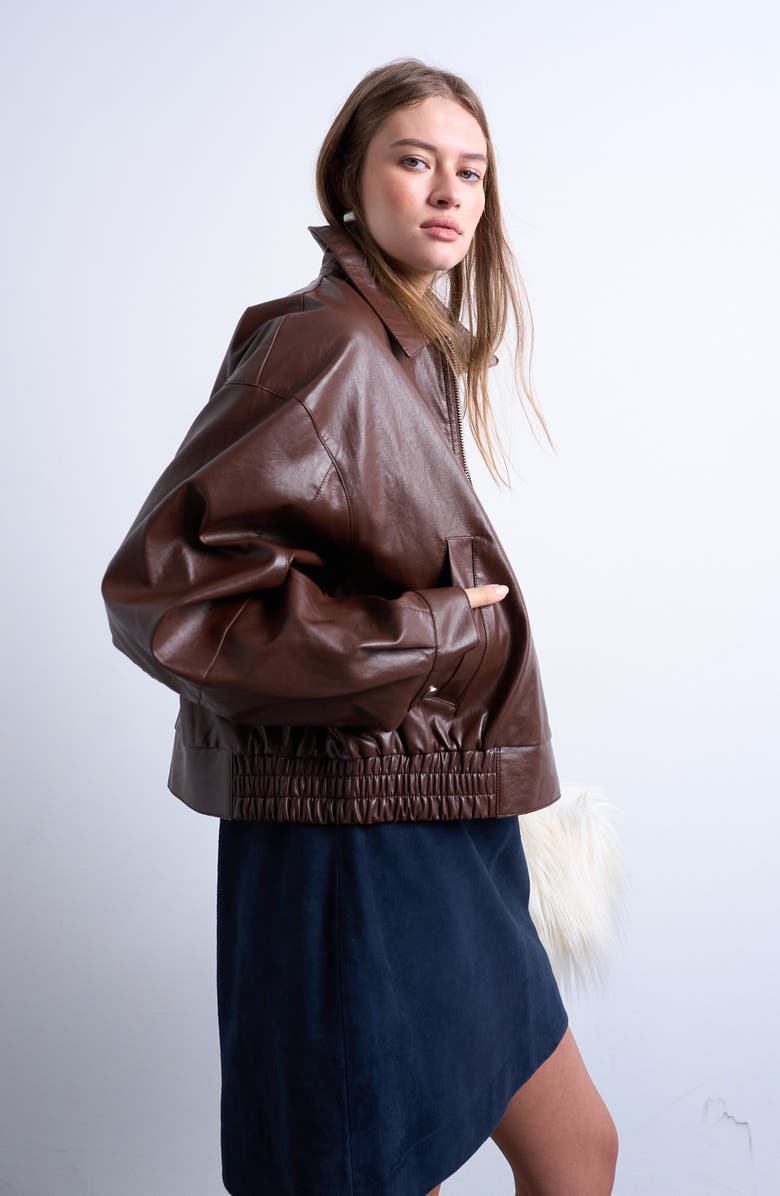 Topshop Oversize Faux Leather Jacket, Alternate, color, Brown