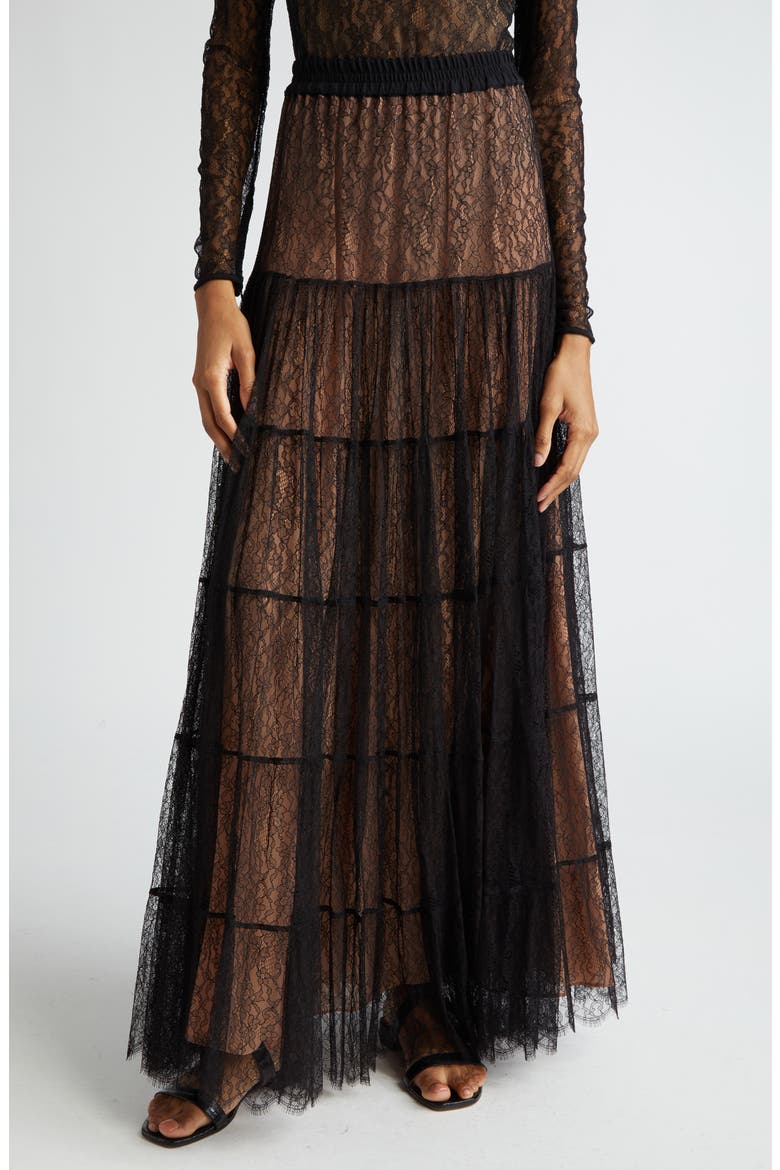 Chantilly Lace Tiered Skirt, Main, color, BLACK