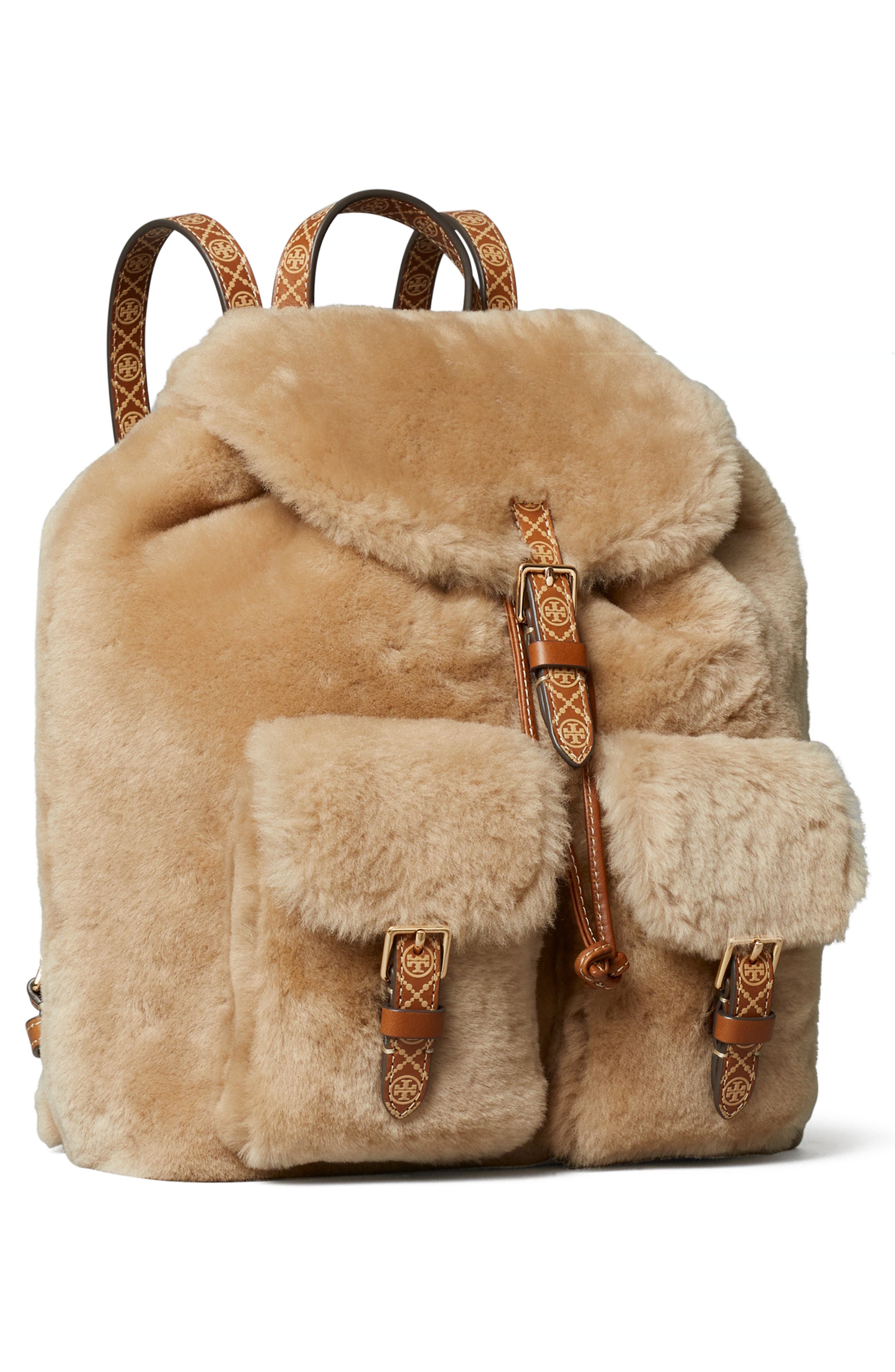 T Monogram Genuine Shearling Backpack, Alternate, color, TEDDY