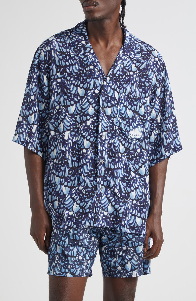 McQueen Feather Print Boxy Camp Shirt, Main, color, Blue