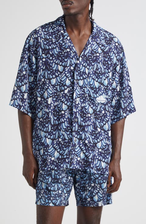 Feather Print Boxy Camp Shirt