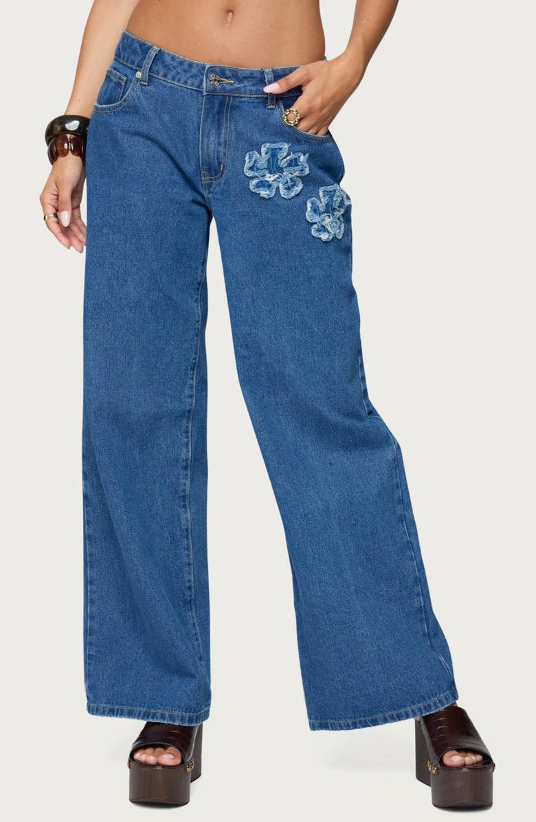 EDIKTED Flower Patch Low Rise Wide Leg Jeans, Main, color, Blue