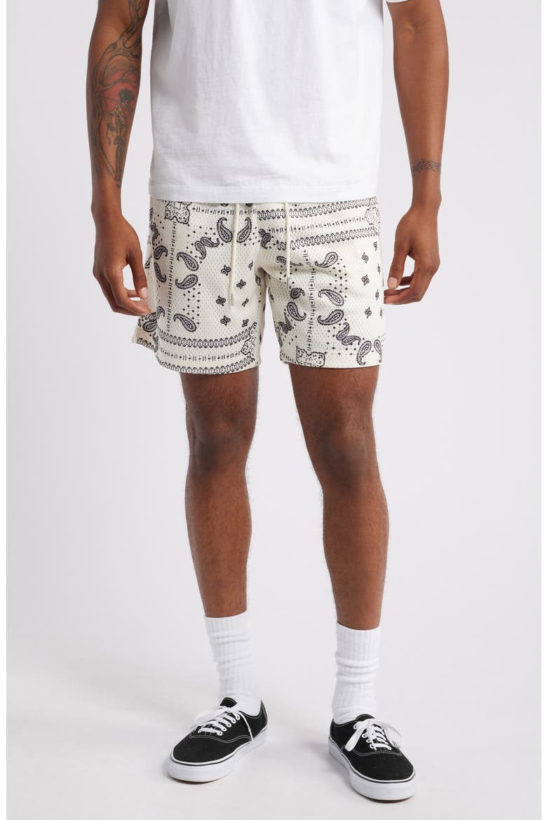 Aaron Print Mesh Drawstring Waist Shorts, Main, color, CREAM