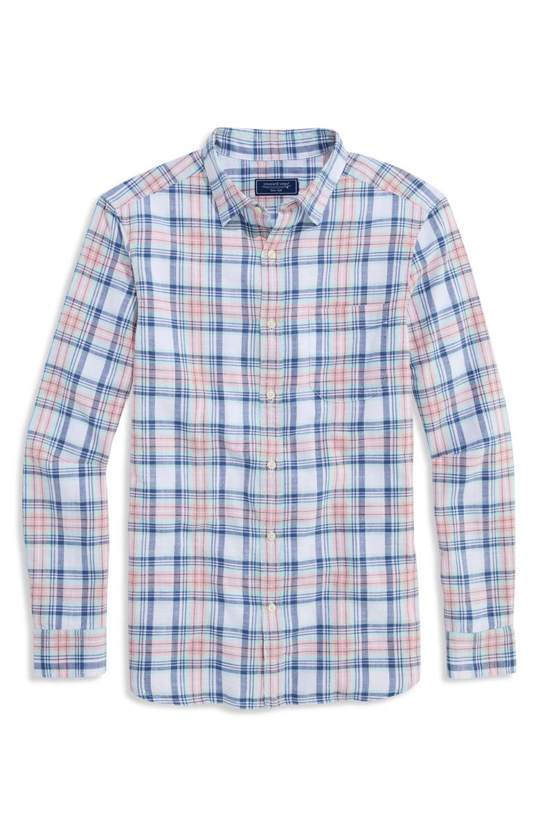 vineyard vines Folly Beach Plaid Island Slub Cotton Spread Collar, Alternate, color, Peaches & Cream