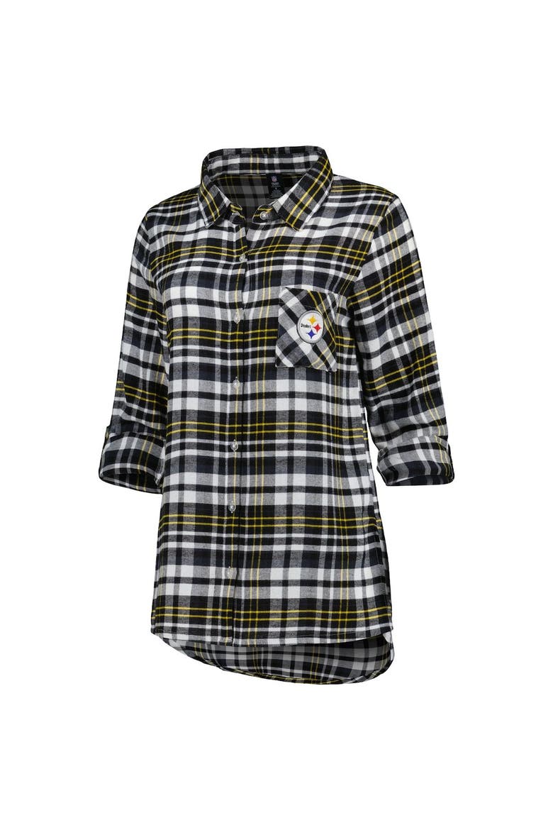 Women's Concepts Sport Black Pittsburgh Steelers Mainstay Plaid Full-Button Long Sleeve Nightshirt, Alternate, color, Black