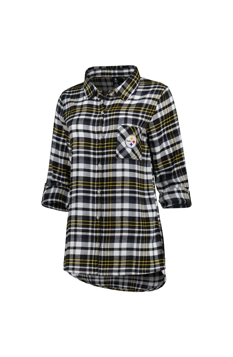 CONCEPTS SPORT Women's Concepts Sport Black Pittsburgh Steelers Mainstay Plaid Full-Button Long Sleeve Nightshirt, Alternate, color, 